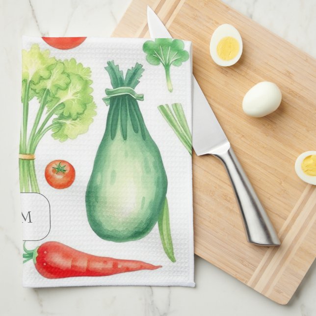 Watercolor vegetables pattern monogrammed tea towel (Quarter Fold)