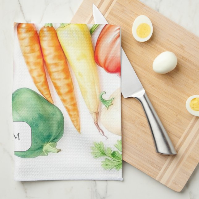 Watercolor vegetables pattern monogrammed tea towel (Quarter Fold)