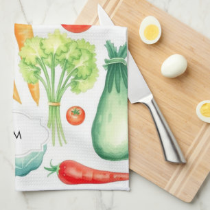 Watercolor vegetables pattern monogrammed tea towel
