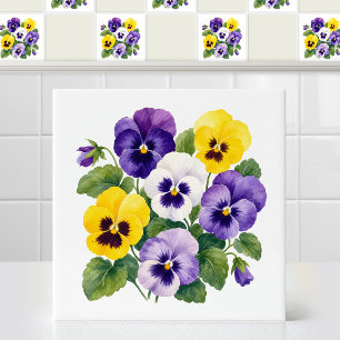 Watercolor Velvety Purple Yellow Pansy Floral Art Tile