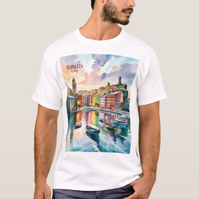 Watercolor Vernazza Cinque Terre Italy Colorful T-Shirt (Front)