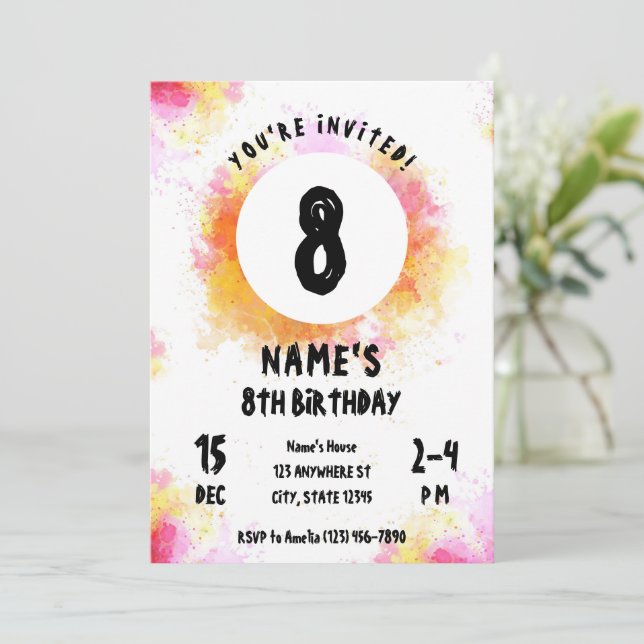Watercolor Vibrant Art Party Paint Party Birthday Invitation (Standing Front)