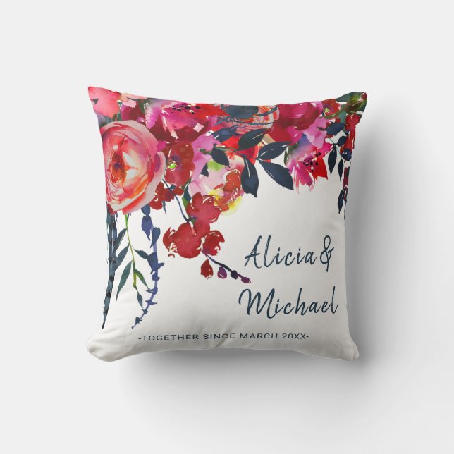 Watercolor vibrant boho chic red navy flowers cushion (Front)