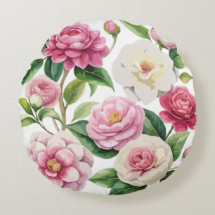 Watercolor Vibrant Camellia Round Cushion