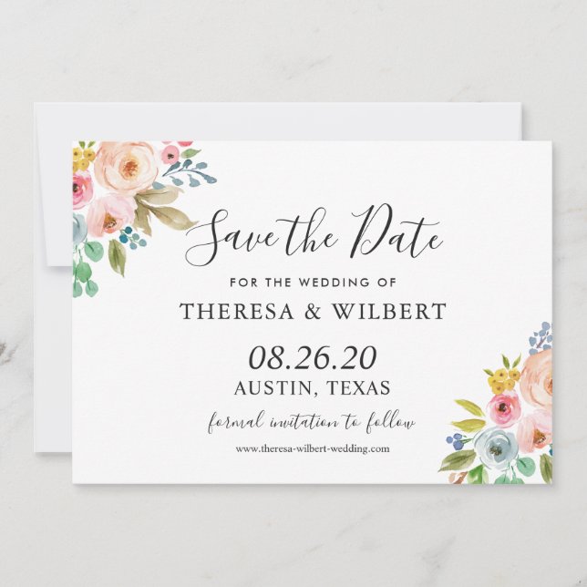 Watercolor Vibrant Floral Wedding Save the Date Invitation (Front)
