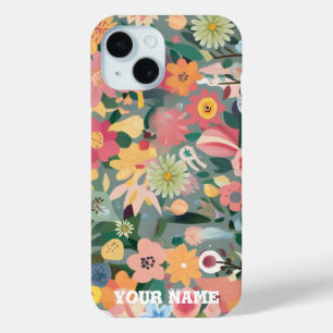 Watercolor Vibrant Flower garden Green and peach iPhone 15 Case