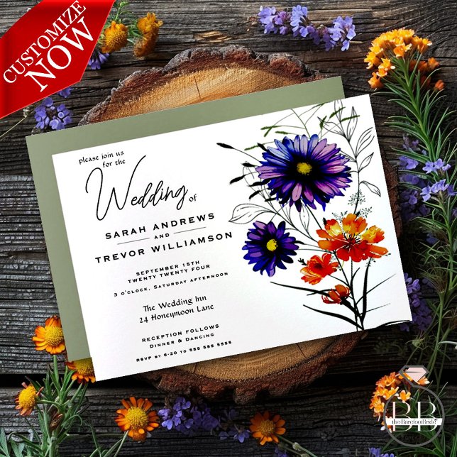 Watercolor Vibrant Orange and Purple Wildflowers  Invitation (Easy to customize )