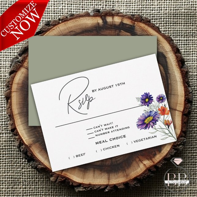 Watercolor Vibrant Orange and Purple Wildflowers  RSVP Card (Easy to customize)