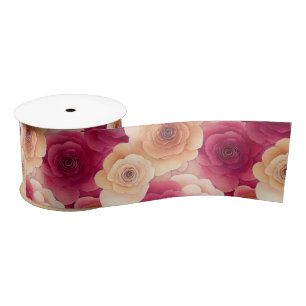 Watercolor Vibrant Painted Pink Spring Flowers Satin Ribbon