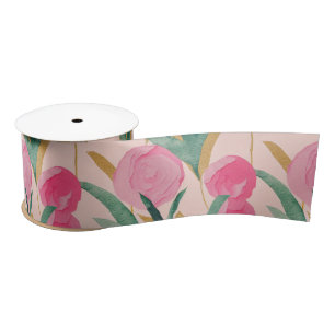 Watercolor Vibrant Painted Pink Spring Flowers Satin Ribbon