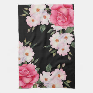 Watercolor Vibrant Pink White Roses Modern Black Tea Towel