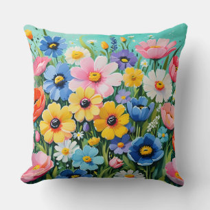 Watercolor Vibrant Spring Flowers Pattern Cushion