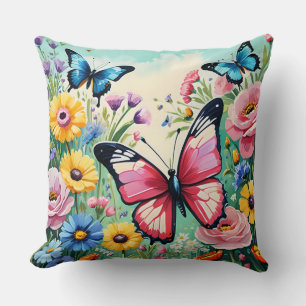 Watercolor Vibrant Spring Flowers Pattern Cushion