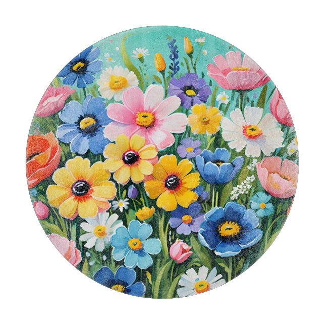 Watercolor Vibrant Spring Flowers Pattern Cutting Board (Front)