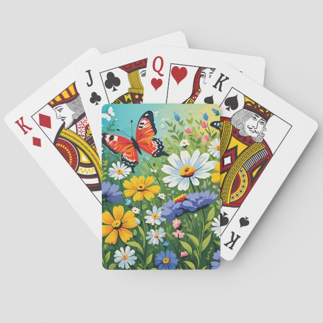 Watercolor Vibrant Spring Flowers Pattern Playing Cards (Back)