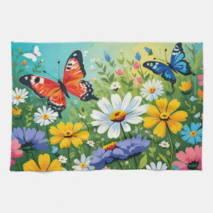 Watercolor Vibrant Spring Flowers Pattern Tea Towel