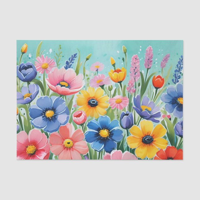 Watercolor Vibrant Spring Flowers Pattern Tissue Paper (Front)