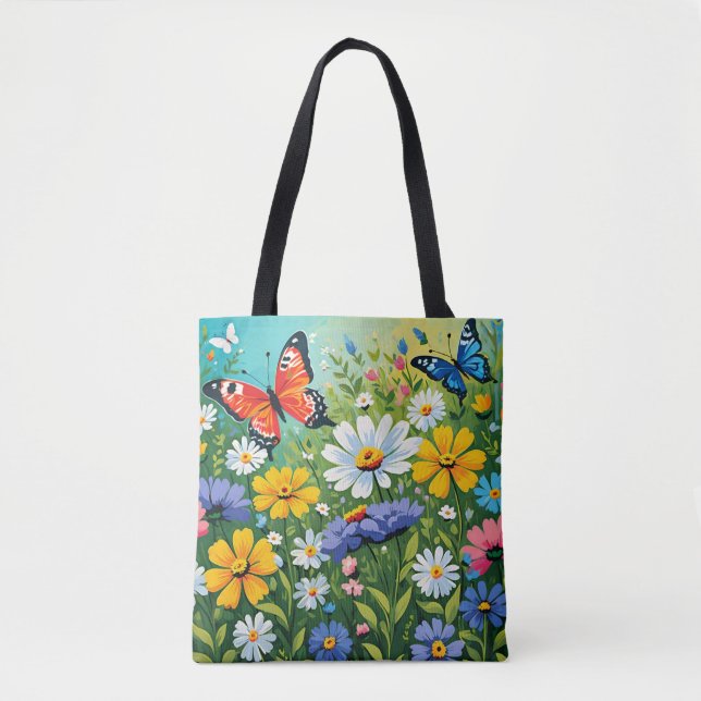Watercolor Vibrant Spring Flowers Pattern Tote Bag (Front)