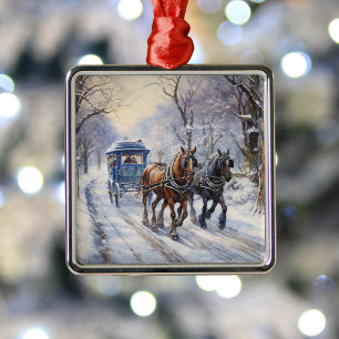 Watercolor Victorian Christmas Carriage Ride Metal Tree Decoration