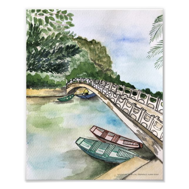 Watercolor, Vietnam, Ninh Binh Province landscape  Photo Print (Front)