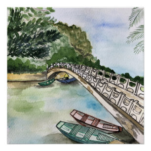 Watercolor, Vietnam, Ninh Binh Province landscape  Poster