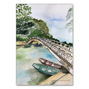 Watercolor, Vietnam, Ninh Binh Province landscape  Table Number