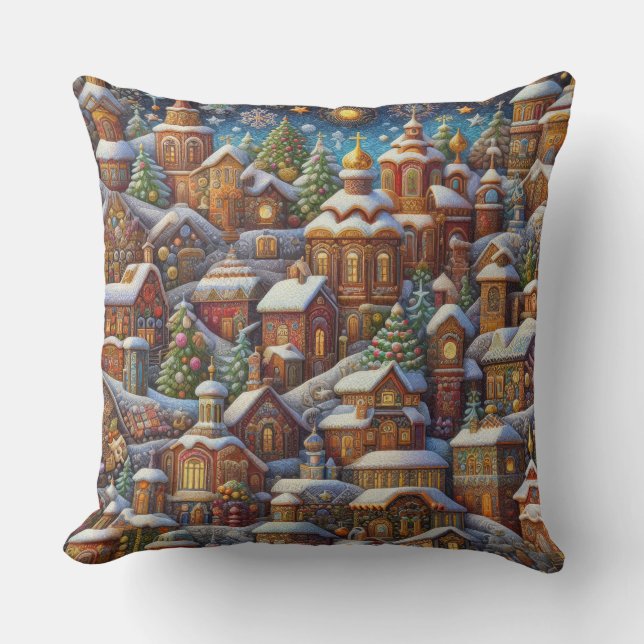 Watercolor Village Christmas Motifs Holiday Cushion (Front)