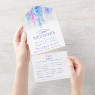 Watercolor vine blue pink purple meal RSVP All In One Invitation