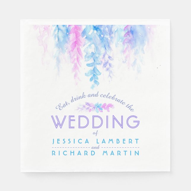 Watercolor vine floral blue purple wedding napkins (Front)
