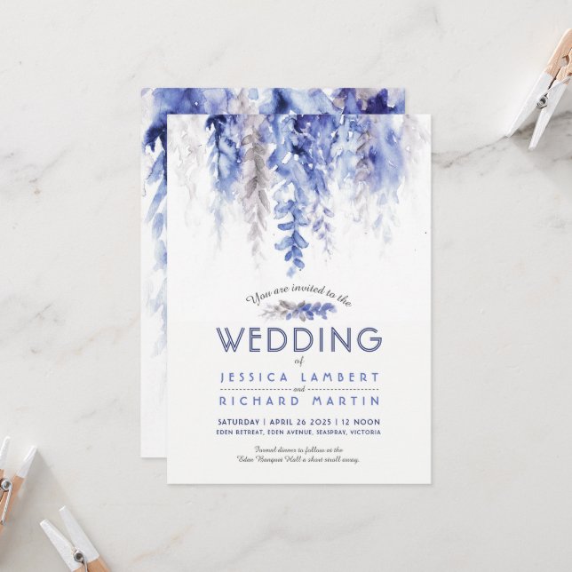 Watercolor vine winter wedding blue grey invitation (Front/Back In Situ)