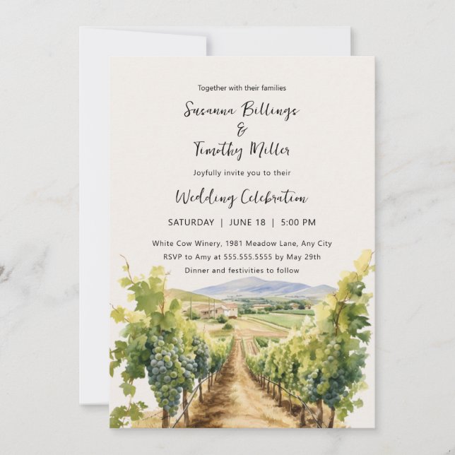 Watercolor Vineyard with RSVP wedding invitation (Front)