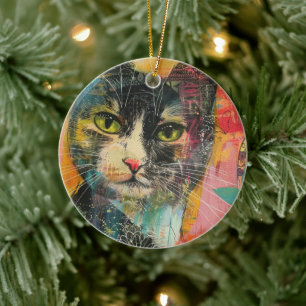 Watercolor Vintage Abstract Cat (6) Ceramic Tree Decoration
