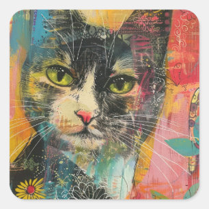 Watercolor Vintage Abstract Cat (6) Square Sticker