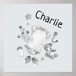 Watercolor Vintage Baby Black and White Nursery Poster