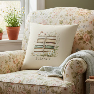 Watercolor Vintage Books and Wildflowers Cushion