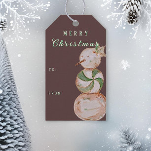 Watercolor Vintage Candy Snowman Christmas Gift Tags