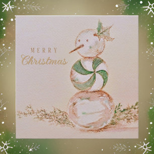 Watercolor Vintage Candy Snowman Merry Christmas Holiday Card