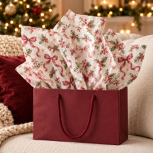 Watercolor Vintage Christmas Holly Pink Red Bows