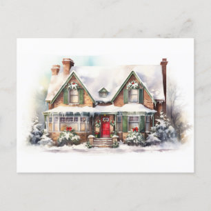 Watercolor Vintage Christmas House Holiday Postcard
