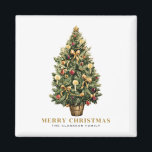 Watercolor Vintage Christmas Tree Gold Christmas Magnet<br><div class="desc">Merry Christmas | Send your Christmas greetings to family and friends with this customisable Christmas magnet. It features a watercolor Christmas tree with festive red and gold ornaments. Personalise by adding your own details. This vintage Christmas magnet is available on other products. Matching items are available.</div>