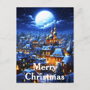 Watercolor Vintage Christmas Winter Village Scene Holiday Postcard