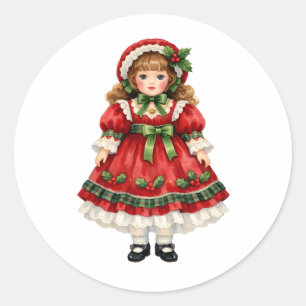 Watercolor Vintage Doll in Christmas Dress  Classic Round Sticker