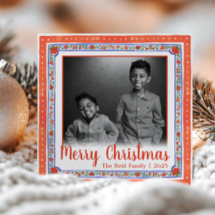 Watercolor Vintage Floral Red & Blue Photo Holiday Card