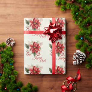 Watercolor Vintage Floral Red Poinsettia Christmas Wrapping Paper