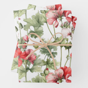 Watercolor Vintage Geranium Flowers and Leaves Wrapping Paper Sheet