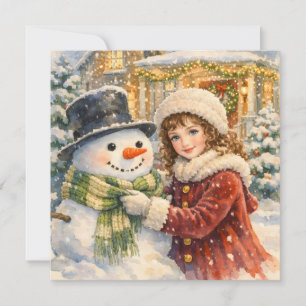 Watercolor Vintage Girl with Christmas Snowman Holiday Card