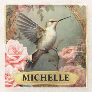 Watercolor Vintage Hummingbird and Pink Roses Glass Coaster