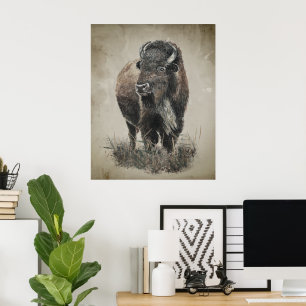 Watercolor Vintage Look Bison Buffalo Animal Art Poster