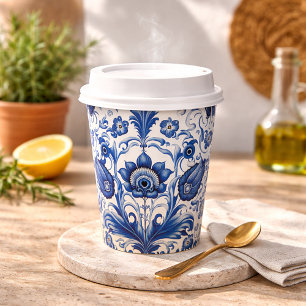 Watercolor Vintage Mediterranean Blue Tile  Paper Cups