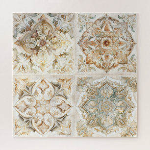 Watercolor vintage mosaic tile. Floral azulejo Jigsaw Puzzle